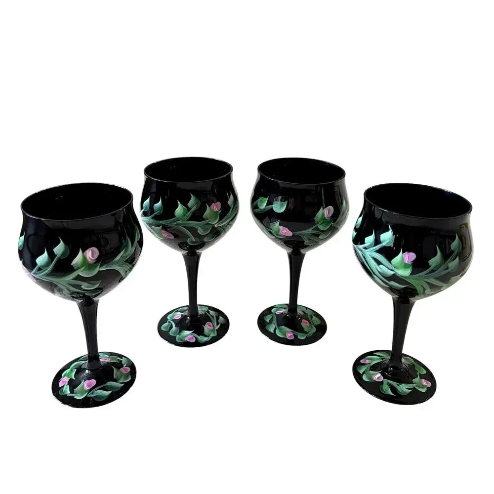 Vintage Hand Painted Floral Black Wine Goblets Set of 4 Chic Barware